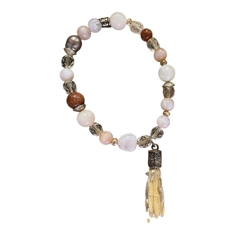 Beaded Gemstone Bracelet with Decorative Tassel Charm and Natural Stones Agate